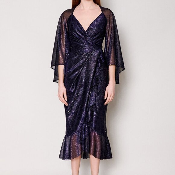 New Talbot Runhof Concavo1 Sprinkled Metallic Voile Wide Sleeve Midi Dress 6 US - Picture 6 of 17